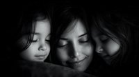Tender black and white portrait of mother with two young daughters sharing intimate family moment together, expressing love, care and maternal bond.
