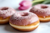 Pink glazed donuts with white sprinkles on marble surface, selective focus on foreground donut. Fresh pastries with tulip flower in soft background.