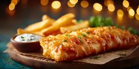 Golden crispy fish and chips with tartar sauce on wooden board, warm bokeh lights creating cozy pub atmosphere for restaurant menu design.