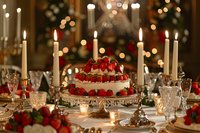 Elegant white cake decorated with fresh strawberries on crystal cake stand, surrounded by lit candles and festive table setting with bokeh lights and holiday decor.