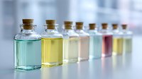 Row of small glass bottles with cork stoppers containing colorful essential oils or fragrance samples arranged in laboratory setting.