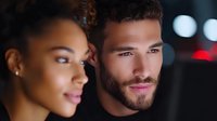 Young diverse couple sharing intimate moment in city nightlife with bokeh lights creating romantic urban atmosphere for dating and relationship content.