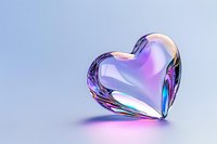 Iridescent glass heart with holographic rainbow effect reflects purple and blue hues against soft gradient background, creating romantic mood for valentines designs.