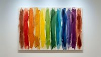 Rainbow watercolor brush strokes on white canvas creating vibrant spectrum from red to purple. Abstract art piece for modern interior design and creative projects.