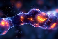 Abstract glowing neural network connection with golden and purple energy particles flowing through digital nodes on dark background for technology and science concepts.