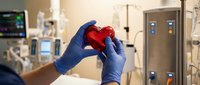 Gloved hands holding a shiny red heart in a hospital room, symbolizing cardiac care, love, and medical support in healthcare settings.