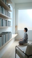 Asian woman meditating in modern minimalist home library with built-in bookshelves and natural light for mindfulness and wellness lifestyle.