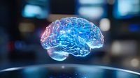 Glowing translucent brain model with blue and pink neon lighting effect floating above reflective surface against dark background, showcasing neural networks and medical technology.