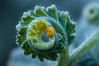 Stunning macro photography of unfurling green fern frond with morning dew drops creating natural spiral pattern, perfect for nature photography, botanical art and environmental design.