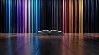 Open book on wooden floor with vibrant multicolored light beams creating dramatic vertical streaks in dark background, glowing magical atmosphere for education concepts.