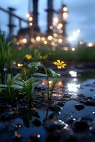 Yellow wildflower growing through wet ground at dusk, with soft bokeh lights and industrial buildings silhouettes in background creating magical atmosphere.