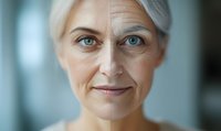 Confident mature Caucasian woman with silver hair and blue eyes smiling warmly at camera, showing natural aging beauty and wisdom in professional headshot.