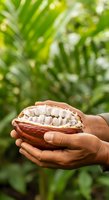 Farmer holding open cacao pod with white beans inside, displaying tropical harvest against blurred green foliage background for agriculture and farming content.
