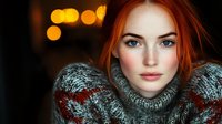 Young redhead woman in cozy knit sweater with warm bokeh lights background. Portrait of caucasian female model in winter clothing for lifestyle content.