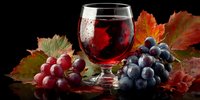 Glass of red wine with fresh grapes and colorful autumn leaves on dark background. Seasonal harvest celebration and winery concept for restaurants.
