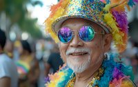 Senior Asian man wearing colorful feather boa, glitter hat and rainbow reflective sunglasses smiling at pride festival celebration, expressing joy and acceptance.