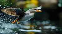 Greylag goose taking off from water surface with dramatic splash and outstretched wings in dynamic flight motion.