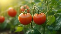 Fresh ripe red tomatoes growing on vine with green leaves in garden. Natural sunlight creates soft bokeh effect, highlighting organic produce and farming.