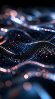 Abstract digital wave pattern with glowing particles and bokeh effects in dark blue and orange tones, creating dynamic flowing motion background.