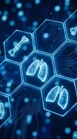 Digital medical illustration of human lungs and bones within glowing hexagonal cells connected by circuit board pathways on dark blue background. Use for healthcare technology, medical research, biotechnology, and pharmaceutical presentations.