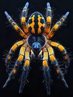 Colorful tarantula spider with vibrant blue and orange striped legs against dark background. Exotic arachnid species with detailed hair texture and markings.