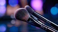 Professional makeup brushes on dark background with colorful bokeh lights creating dreamy atmosphere for cosmetic and beauty industry applications.