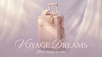 Elegant pink vintage suitcase with floral decor on dreamy pastel background, Voyage Dreams travel banner with romantic feminine aesthetic.
