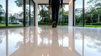 Silhouette of person walking on glossy reflective floor in modern building interior with floor-to-ceiling windows overlooking green park landscape.