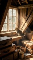 Tabby cat sitting on wooden windowsill in rustic attic filled with vintage suitcases, wooden beams, and antique pottery, sunlight streaming through old window pane.