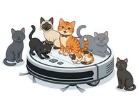 Group of cartoon cats in various colors sitting on and around a robotic vacuum cleaner, isolated on white background for design use.