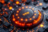 Glowing orange VPN button on circuit board with digital lights and bokeh effects creates futuristic cybersecurity concept for online privacy and data protection.