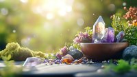 Crystal healing stones and minerals in wooden bowl with natural moss, flowers and sunlit bokeh background for spiritual wellness and meditation practice.