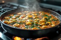 Steaming tortellini pasta in rich tomato sauce with fresh herbs and spinach cooking in black pan on stovetop, close up view of homemade Italian meal preparation.