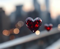 Red crystal heart with bokeh city lights background for romantic Valentine's Day love concept and wedding celebration designs.