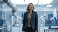 Middle-aged woman with gray hair and South Asian ethnicity wearing dark blazer in modern robotics laboratory with automated arms and computer monitors, representing engineering leadership and innovation.