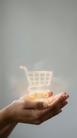 Glowing neon shopping cart icon floating above an open palm against neutral background, representing e-commerce, online retail, digital shopping, and consumer technology for business applications.