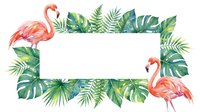 Tropical flamingo frame with lush green foliage and ferns, ideal for invitations, greeting cards, social media posts, and decorative designs.