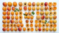 Fresh organic apricots arranged in neat rows showing whole fruits and halved pieces revealing pits, perfect for healthy eating and cooking concepts.