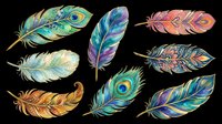 Colorful feathers isolated on transparent background, ready for t-shirt design, clipart, stickers, sublimation and print-on-demand projects. Decorative peacock and ornamental feather elements.