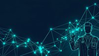 Digital businessman silhouette touching glowing network connections on dark blue background for technology and business presentations.