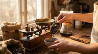 Hands measuring coffee beans on vintage scale in warm sunlit kitchen with rustic wooden table and traditional brewing equipment for artisan coffee preparation.