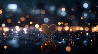 Glowing heart shape with golden bokeh lights and sparkles reflected on dark shimmering surface, romantic magical atmosphere for Valentine's Day designs.