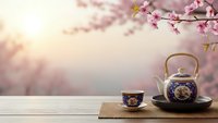 Traditional Japanese tea set with ceramic teapot and cup on bamboo mat against soft pink cherry blossom background for zen meditation and relaxation.