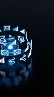 Digital marketing icons floating in glowing blue sphere with email symbols, charts and connectivity elements on dark background for business technology concepts.