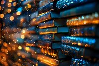 Stack of books with magical glowing bokeh lights creating dreamy atmosphere against dark background. Mystical library scene with blurred orange and blue sparkles.