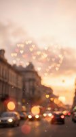 Romantic city street at sunset with heart-shaped bokeh lights creating dreamy atmosphere over urban buildings and traffic for Valentine's Day designs.