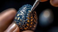 Detailed folk art painting on Easter egg with floral pattern in blue and gold colors. Traditional decorative technique shown in macro photography with soft bokeh background.