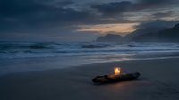 Dramatic ocean sunset with glowing lantern on driftwood at moody beach. Waves crash against shore under stormy sky creating atmospheric coastal scene for relaxation.
