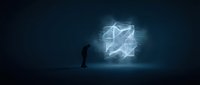 Silhouetted figure standing before glowing neon envelope symbol on dark wall, representing digital communication, email technology, and modern messaging concepts for business and tech applications.