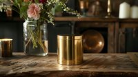 Elegant brass container on rustic wooden table with soft natural lighting, pink flowers in glass vase and vintage furniture in blurred background. Cozy home interior.